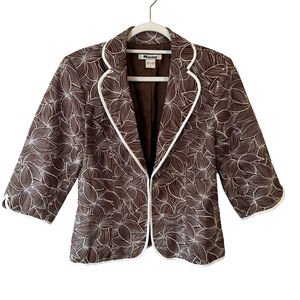 Nygard Collection Brown Leaf Print 100% Linen Blazer with White Trim Size 8 Work